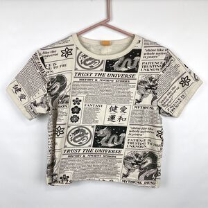 Vibe N Women's Cropped Dragon Mythical Animal Newsprint Off White Large T Shirt